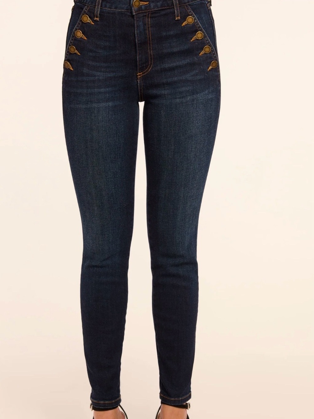 Ramy Brook Dark Indigo Skinny Jeans with Gold Button Accents